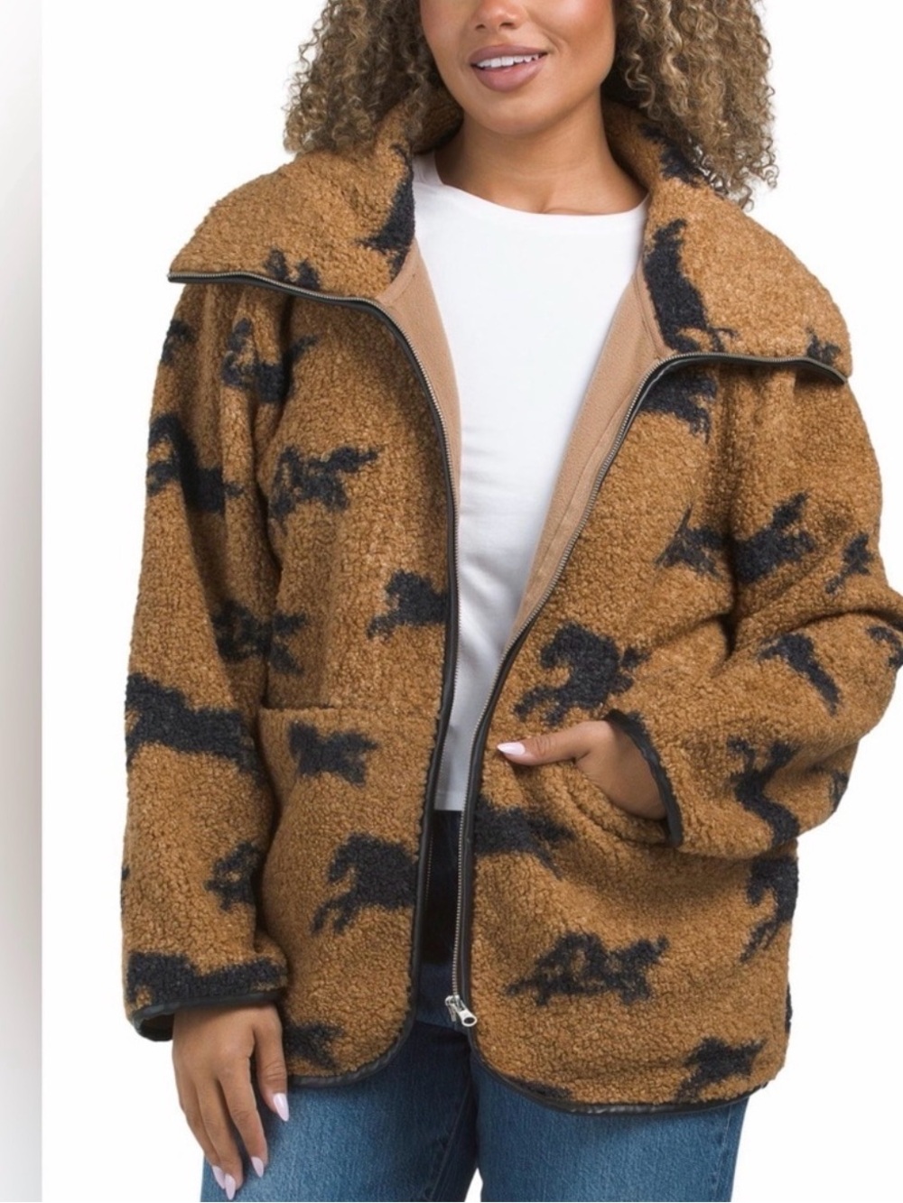 Viral House of Harlow 1960 Brown Sherpa Jacket with Black Horse Print - Picture 5 of 5